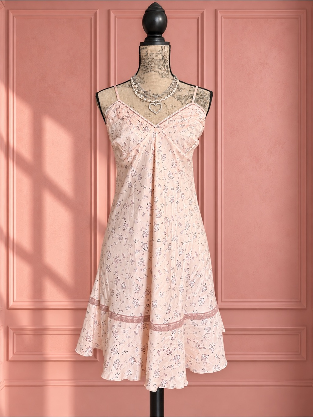 C&A Lingerie Baby Pink Floral Slip Dress with Lace Trim